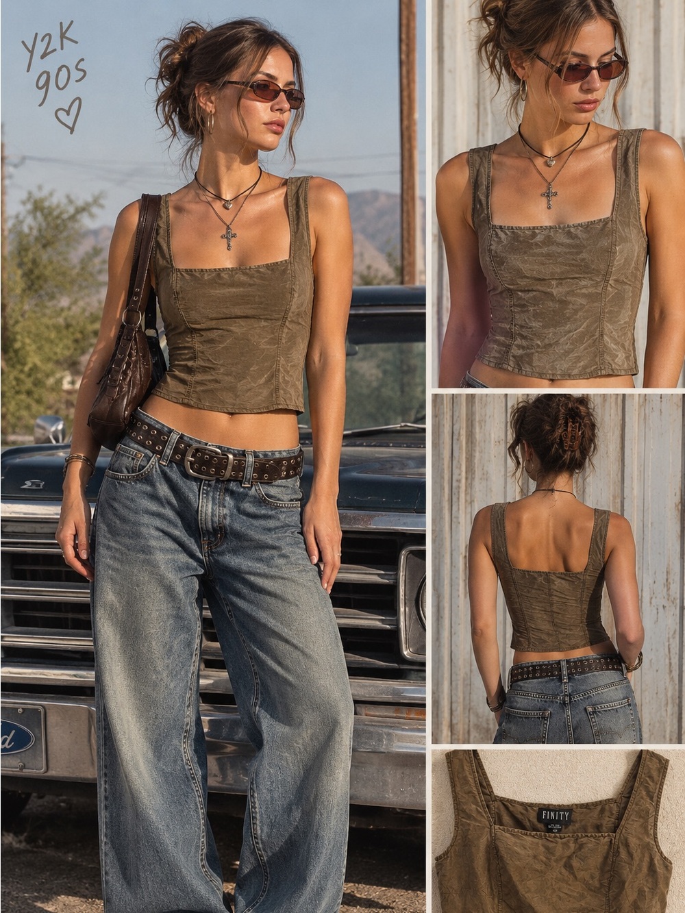 Y2K Vintage Finity 100% Silk Olive Cami Tank Sz 4 Small Square Neck 90s grunge